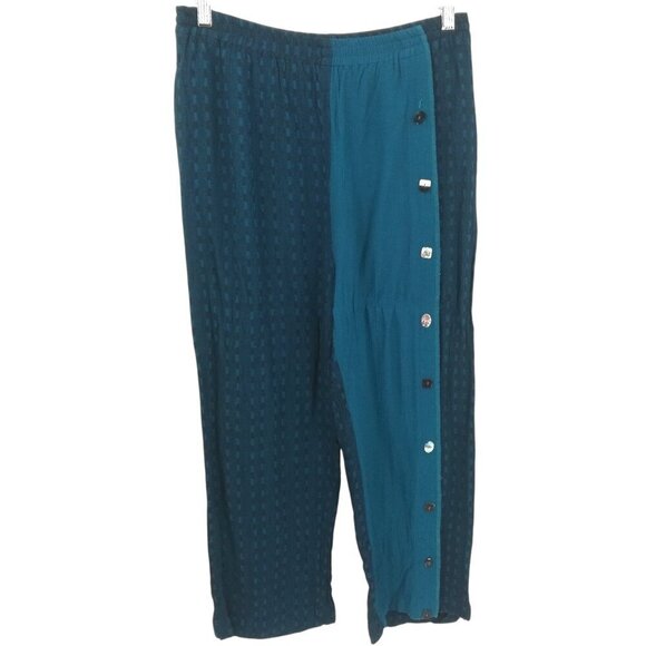 Faith Pull On Art to Wear Wide Leg Pants Size L Lagenlook Blue Buttons Hippy - Picture 1 of 9